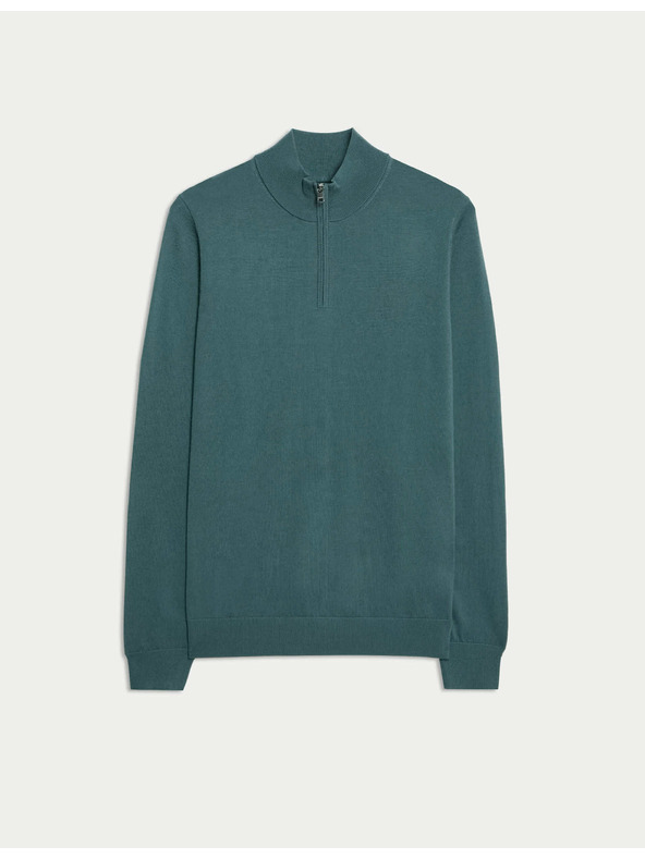 Marks & Spencer Kurzer Pullover mit Reißverschluss aus reiner, extrafeiner Merinowolle Marks & Spencer grün