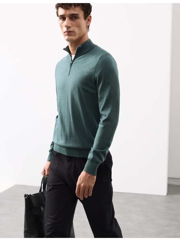 Marks & Spencer Kurzer Pullover mit Reißverschluss aus reiner, extrafeiner Merinowolle Marks & Spencer grün