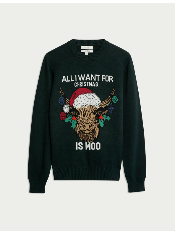 Marks & Spencer Weihnachtspullover aus reiner Baumwolle mit Rundhalsausschnitt Marks & Spencer grün