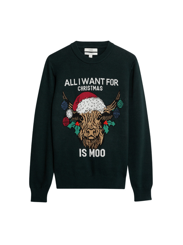 Marks & Spencer Weihnachtspullover aus reiner Baumwolle mit Rundhalsausschnitt Marks & Spencer grün