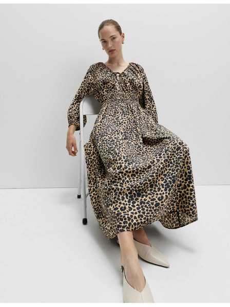 Marks & Spencer Midi-Kleid mit betonter Taille, Raffung, V-Ausschnitt und Tiermuster von Marks & Spencer in Beige