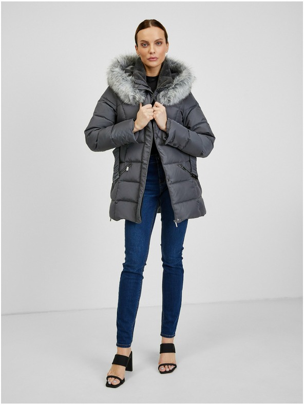 Orsay Dunkelgraue Damen-Winter-Steppjacke mit Gürtel ORSAY