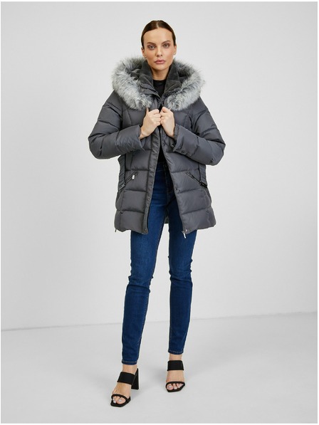 Orsay Dunkelgraue Damen-Winter-Steppjacke mit Gürtel ORSAY