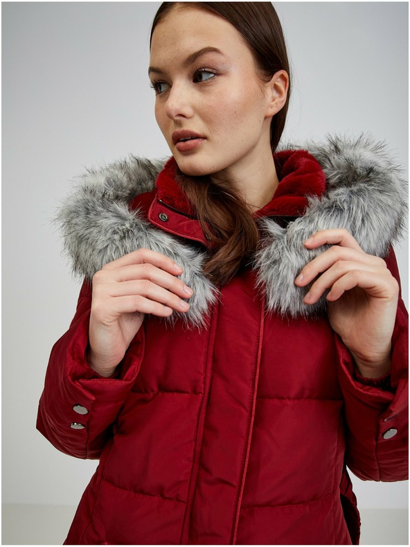 Orsay Burgunderroter Damen Daunen-Wintermantel mit Kapuze und Kunstpelz