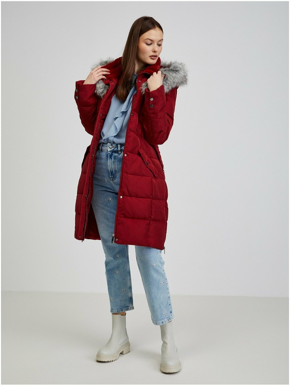 Orsay Burgunderroter Damen Daunen-Wintermantel mit Kapuze und Kunstpelz