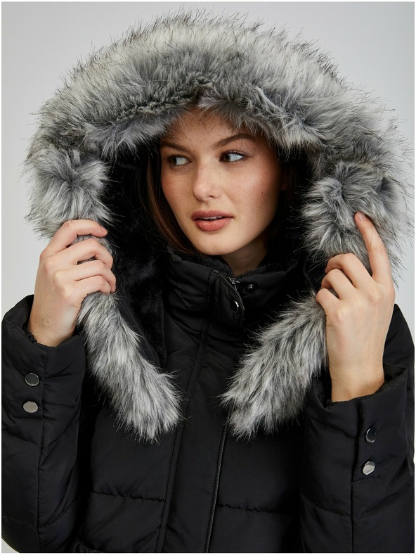 Orsay Schwarzer Damen Daunen-Wintermantel mit Kapuze und Kunstpelz ORSAY