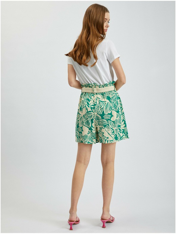 Orsay Cremefarbene und grün gemusterte Damen-Shorts mit Leinen ORSAY