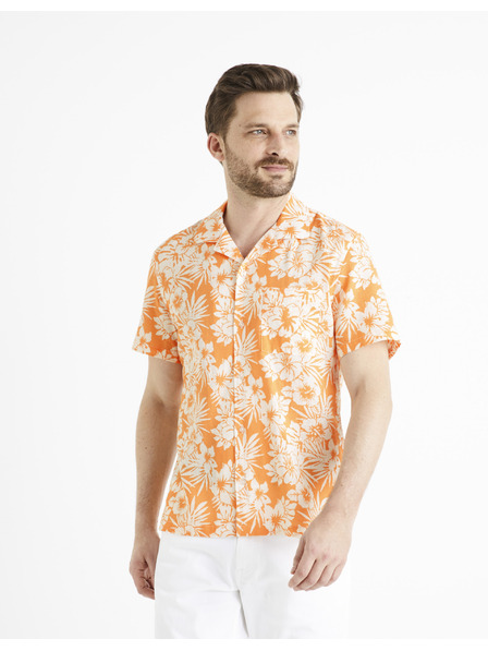 Celio Orangefarbenes geblümtes Herrenhemd Celio Dafleuris