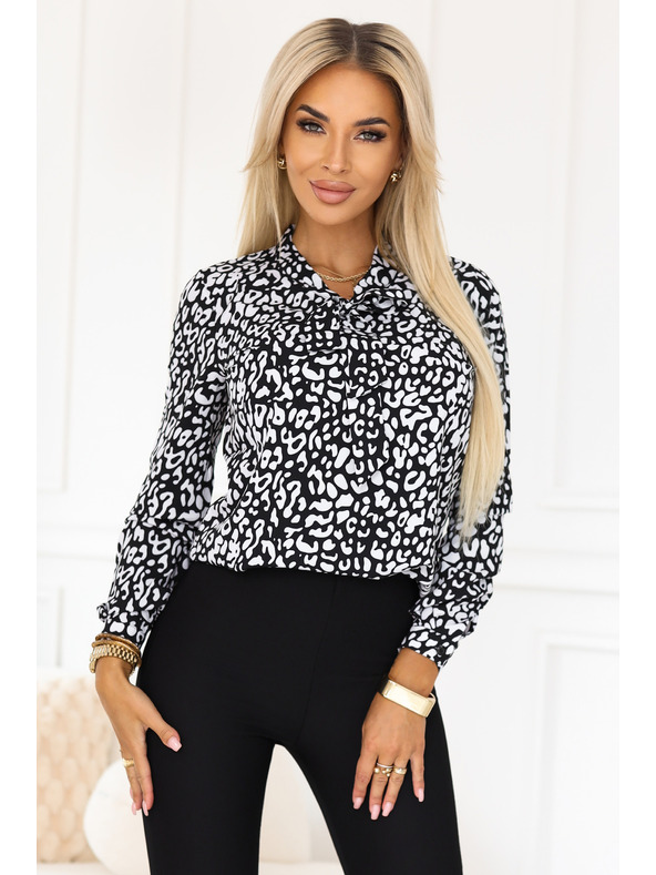 numoco Businessbluse mit langen Ärmeln und Bindung vorne - schwarz-weiß gemustert