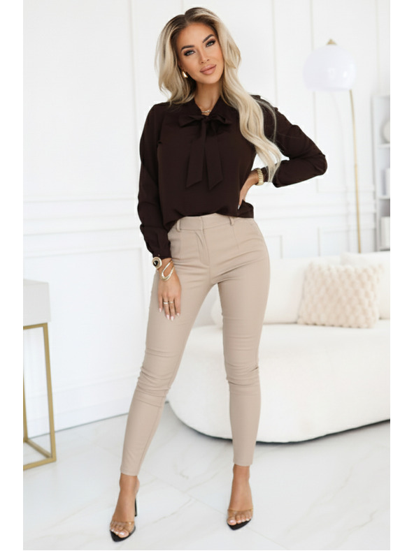 numoco Businessbluse mit langen Ärmeln und Bindung vorne - Schokoladenbraun