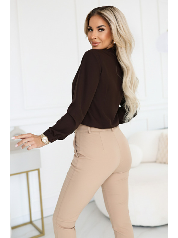 numoco Businessbluse mit langen Ärmeln und Bindung vorne - Schokoladenbraun