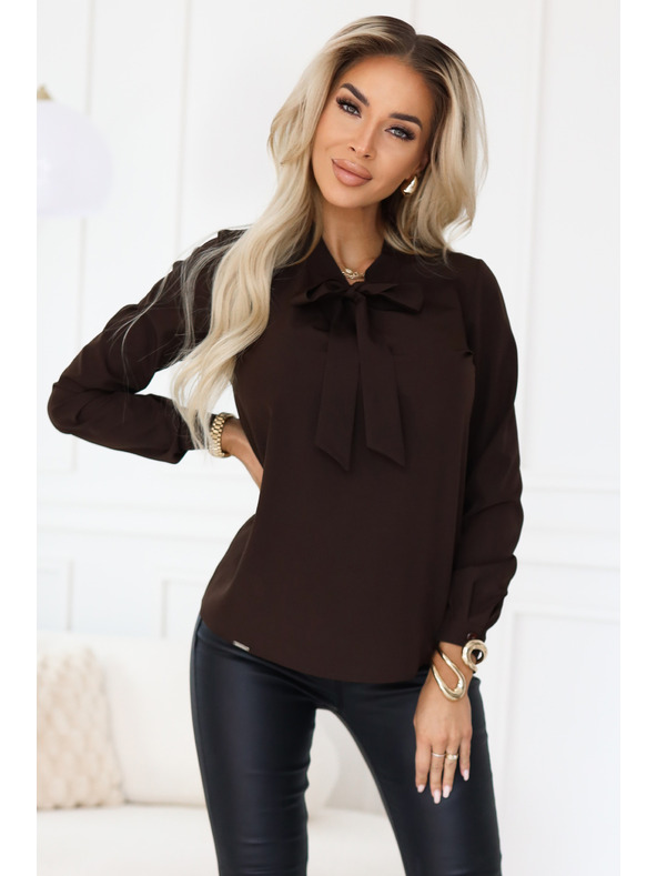 numoco Businessbluse mit langen Ärmeln und Bindung vorne - Schokoladenbraun