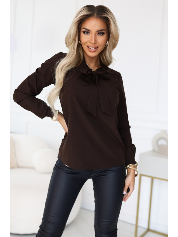 numoco Businessbluse mit langen Ärmeln und Bindung vorne - Schokoladenbraun