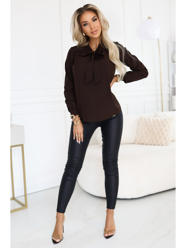 numoco Businessbluse mit langen Ärmeln und Bindung vorne - Schokoladenbraun