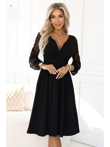 numoco Elegantes Midikleid mit Wickelausschnitt und Tüllärmeln - schwarz