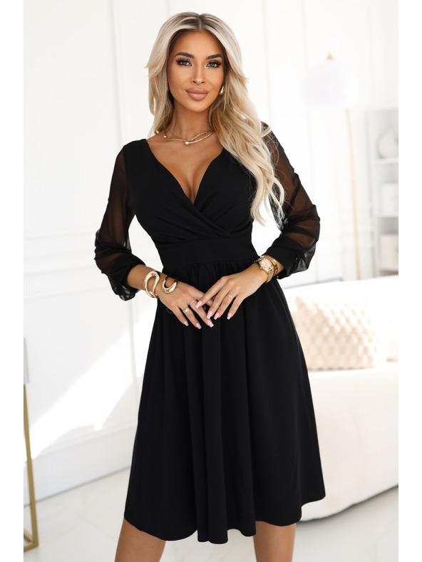 numoco Elegantes Midikleid mit Wickelausschnitt und Tüllärmeln - schwarz