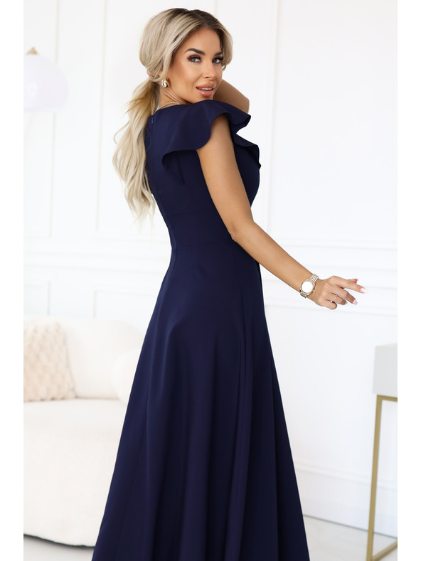 numoco Elegantes Maxikleid mit Rüschen, tiefem Ausschnitt und Beinschlitz - dunkelblau