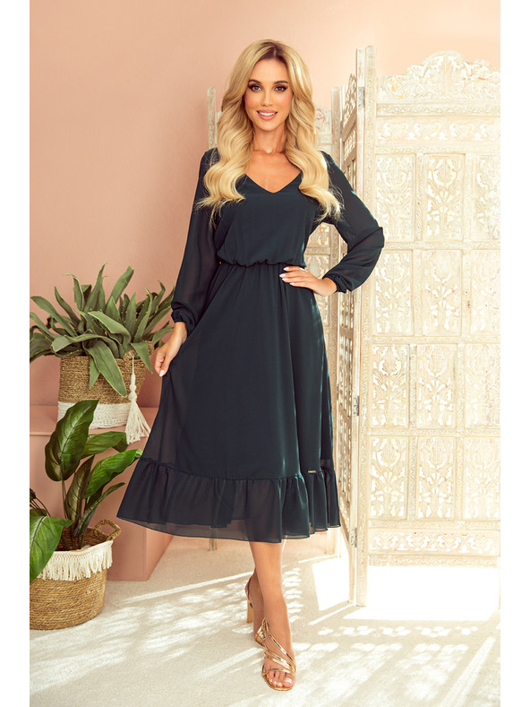 numoco Chiffon-Midikleid mit Ausschnitt und Kragen - grün