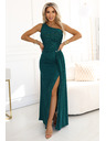 numoco SELENA glitzerndes langes One-Shoulder-Kleid mit Schlitz - grün mit Glitzer