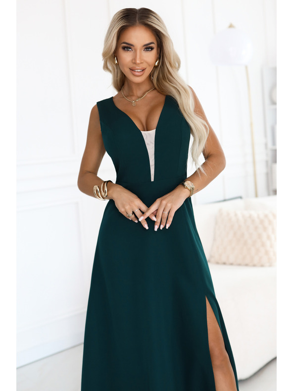 numoco Modische, figurumspielende Maxikleider mit Beinschlitz - flaschengrün