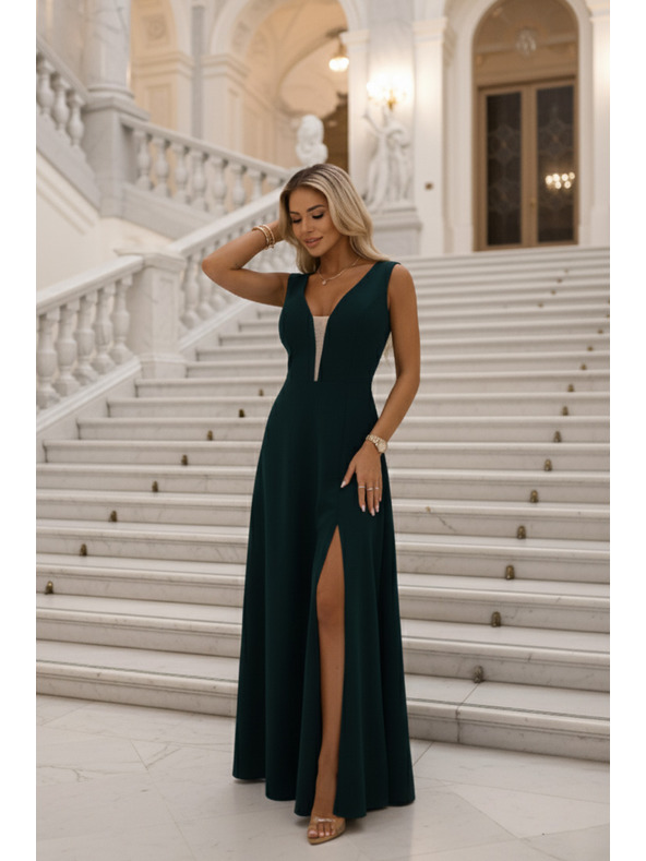 numoco Modische, figurumspielende Maxikleider mit Beinschlitz - flaschengrün