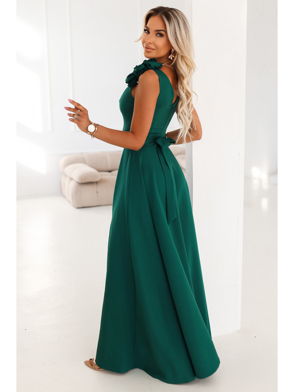 numoco Elegantes Abend-Maxikleid mit Schlitz und Rosen - Flaschengrün