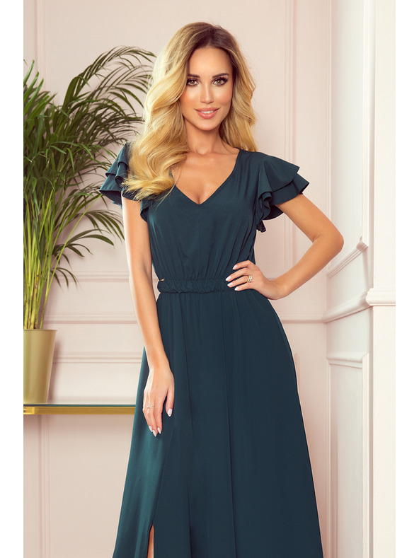 numoco LIDIA langes Kleid mit Ausschnitt und Volants - Grün