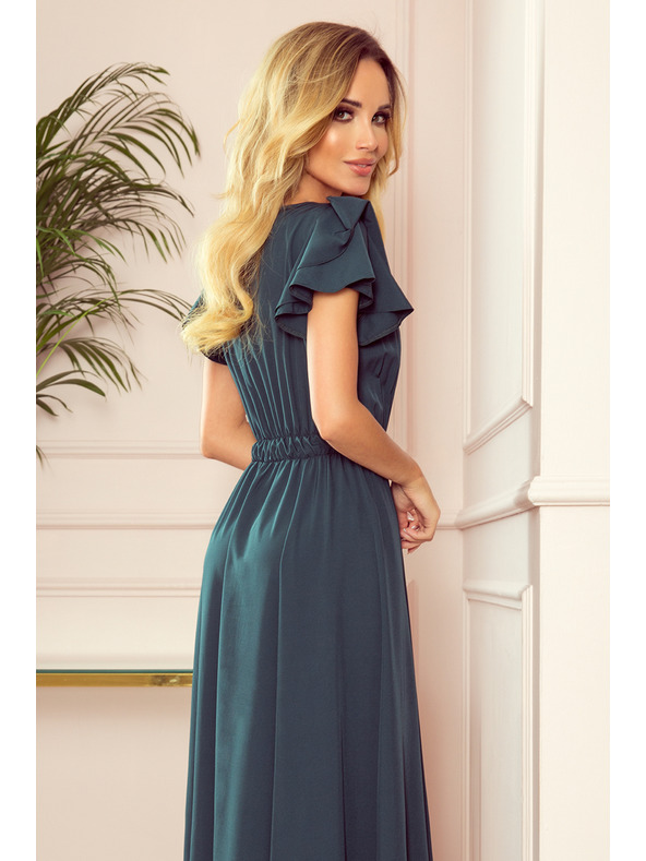 numoco LIDIA langes Kleid mit Ausschnitt und Volants - Grün