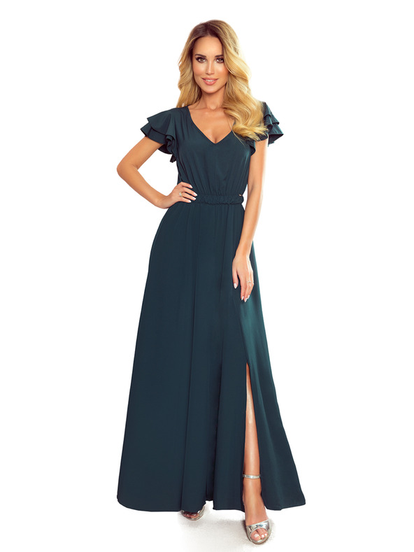 numoco LIDIA langes Kleid mit Ausschnitt und Volants - Grün