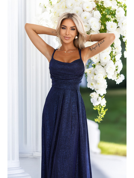 numoco Langes Kleid mit feinem Glitzer und Korsett-Schnürung auf der Rückseite - Dunkelblau mit Glitzer