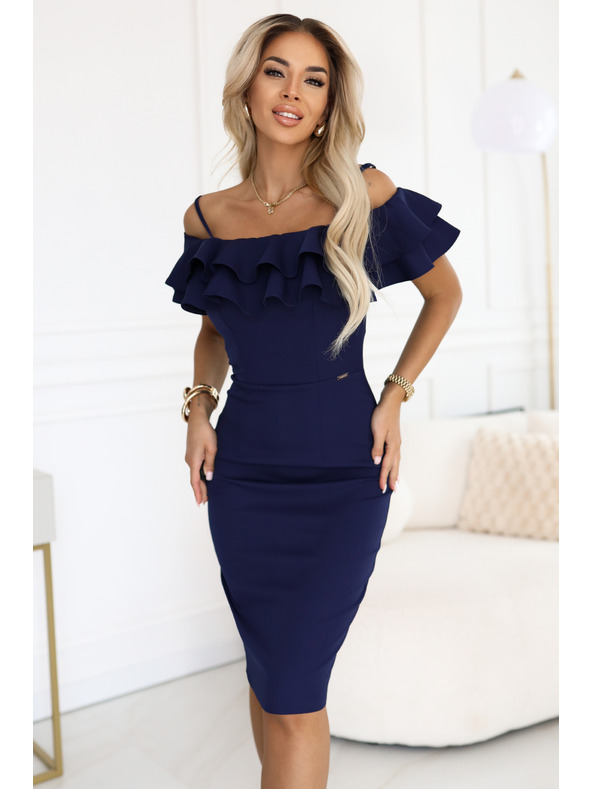 numoco CARMEN Figurbetontes Midikleid im spanischen Stil - Dunkelblau