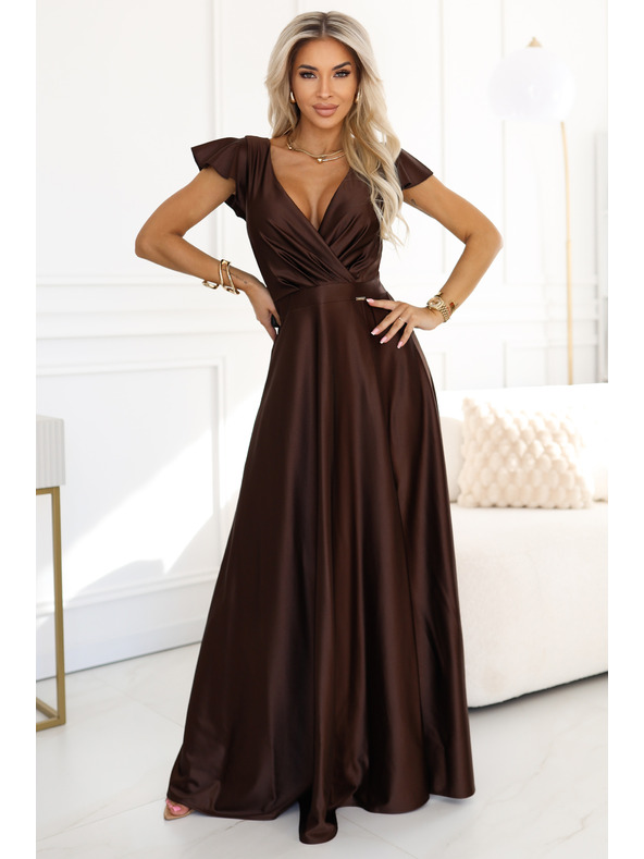 numoco CRYSTAL Seiden-Maxikleid mit Ausschnitt - Schokolade