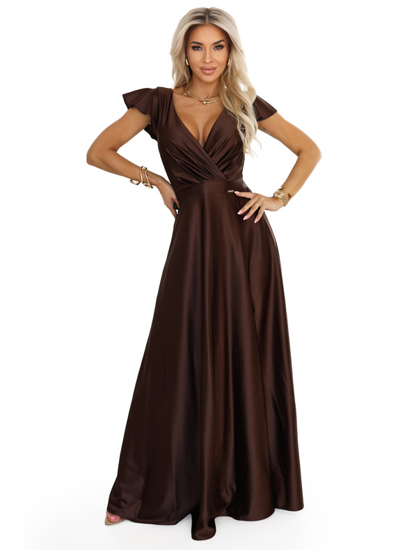 numoco CRYSTAL Seiden-Maxikleid mit Ausschnitt - Schokolade