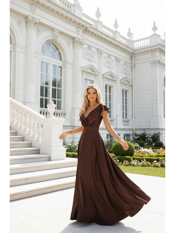 numoco CRYSTAL Seiden-Maxikleid mit Ausschnitt - Schokolade