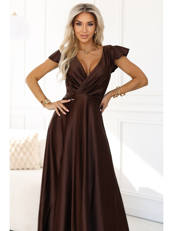 numoco CRYSTAL Seiden-Maxikleid mit Ausschnitt - Schokolade