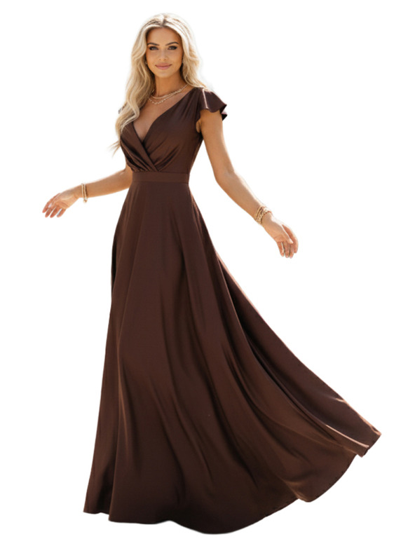 numoco CRYSTAL Seiden-Maxikleid mit Ausschnitt - Schokolade