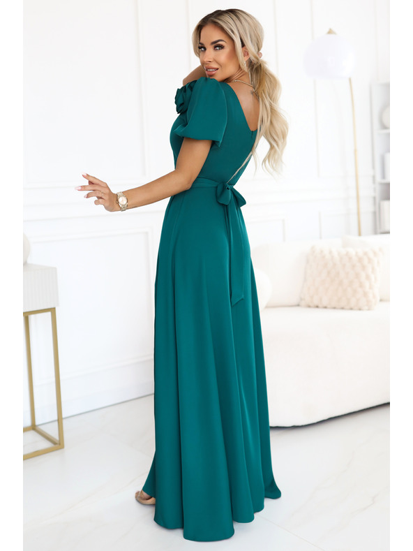 numoco Elegantes langes Abendkleid mit Blume, Gürtel und hohem Schlitz - Flaschengrün