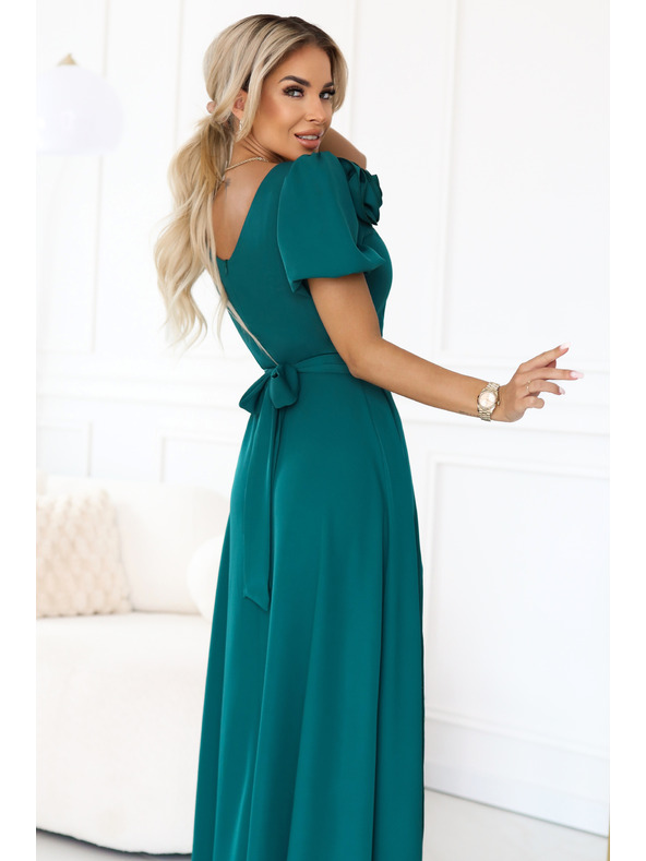 numoco Elegantes langes Abendkleid mit Blume, Gürtel und hohem Schlitz - Flaschengrün