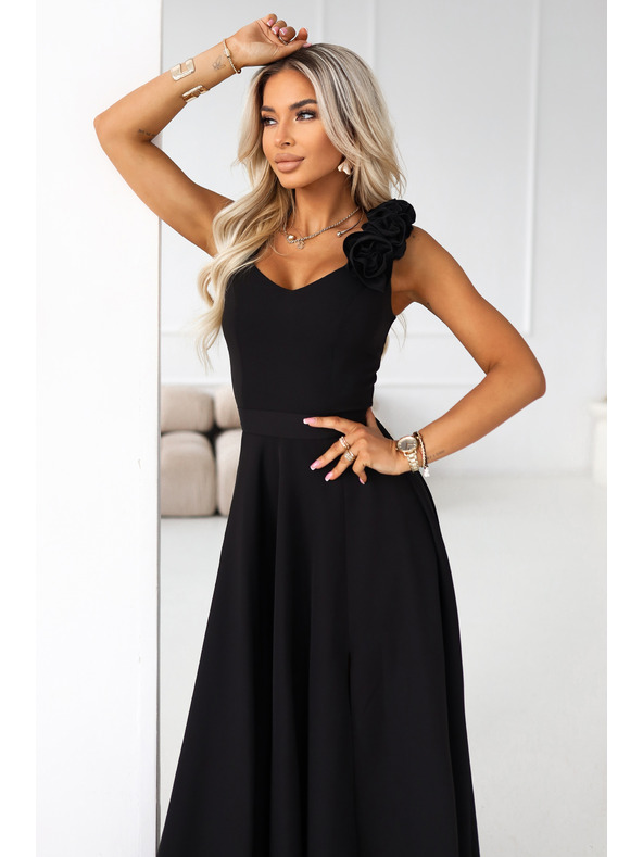 numoco Elegantes Abend-Maxikleid mit Schlitz und Rosen - Klassisches Schwarz