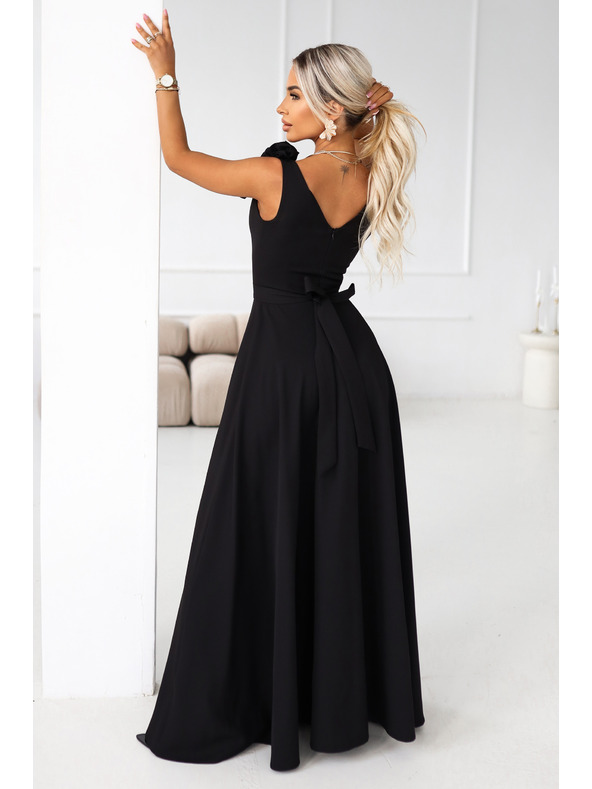 numoco Elegantes Abend-Maxikleid mit Schlitz und Rosen - Klassisches Schwarz