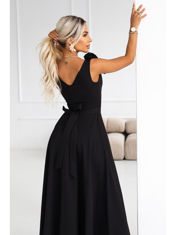 numoco Elegantes Abend-Maxikleid mit Schlitz und Rosen - Klassisches Schwarz