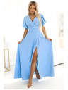 numoco JENNIFER langes Kleid mit Beinschlitz, Ärmel und Ausschnitt - Hellblau