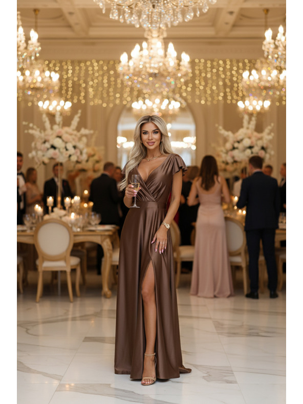 numoco CRYSTAL Seiden-Maxikleid mit Ausschnitt - Mocha Mousse