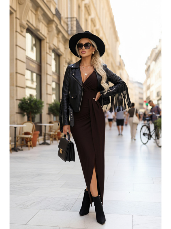 numoco Elegantes langes Kleid mit Wickelausschnitt und Schlitz - Schokoladenbraun