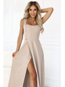 numoco AURELIA Langes Kleid mit Schlitz und Diamantausschnitt - Beige mit Glitzer
