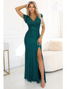 numoco IRINA Glänzendes langes Brokatkleid mit V-Ausschnitt und Beinschlitz - Flaschengrün