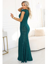 numoco IRINA Glänzendes langes Brokatkleid mit V-Ausschnitt und Beinschlitz - Flaschengrün