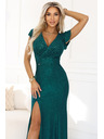 numoco IRINA Glänzendes langes Brokatkleid mit V-Ausschnitt und Beinschlitz - Flaschengrün