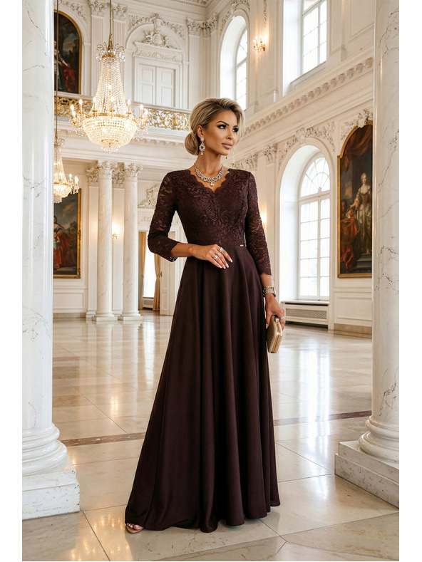 numoco AMBER Elegantes langes Spitzenkleid mit Ausschnitt - Schokolade