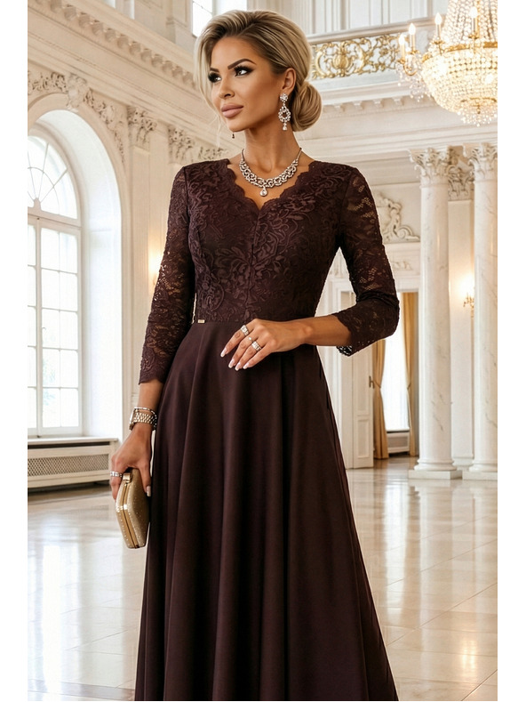 numoco AMBER Elegantes langes Spitzenkleid mit Ausschnitt - Schokolade